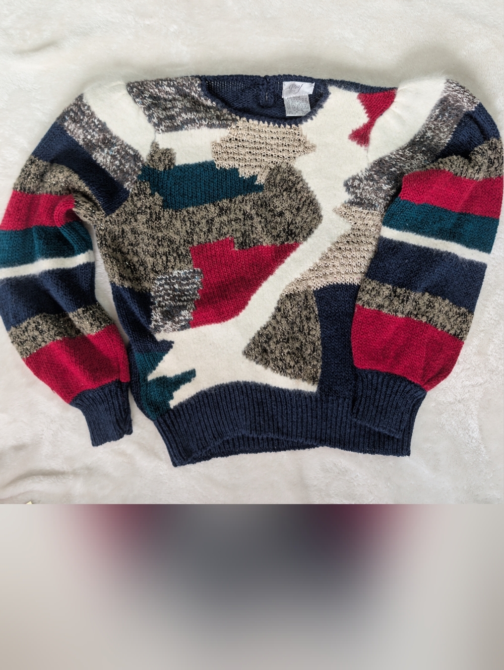 vintage Abstract Colorblock Crewneck Sweater in Navy, Red, Teal, Cream